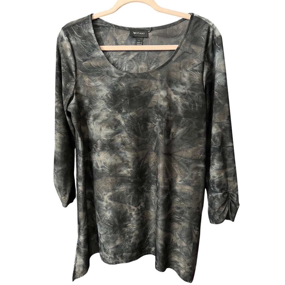 AB Studio Gray Tie Dye Embroidered Burnout Long Sleeve Top Dark Boho L